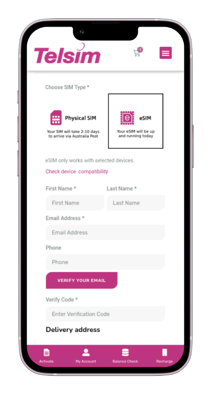 Choose eSIM Australia A view of selecting options for Physical SIM & online eSIM Australia on a mobile screen.