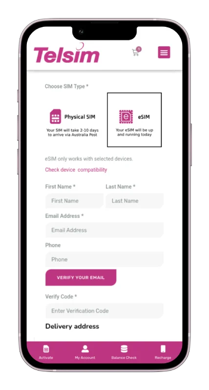 A view of selecting options for Physical SIM & online eSIM Australia on a mobile screen.