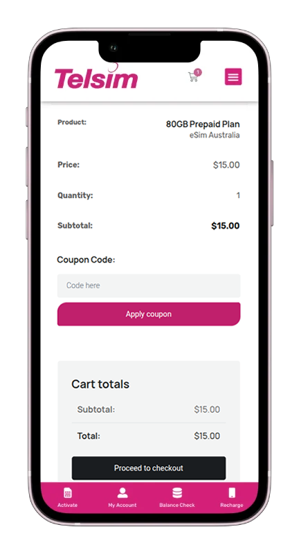 Telsim eSIM Australia Proceed to check out. A view of Telsim online eSIM Australia Proceed to check out page on the mobile screen.