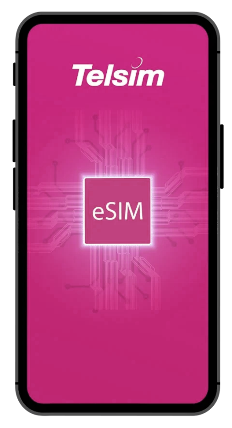 Best eSIM Australia Prepaid Plans A mobile phone showing a screen with Telsim's eSIM Australia best-prepaid plan logo
